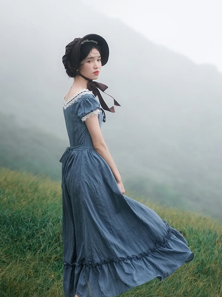 Women Pink Dress French Vintage Elegant Slim European Romance Blue Dress Retro Lace Slash Neck Casual Everyday Midi Dress