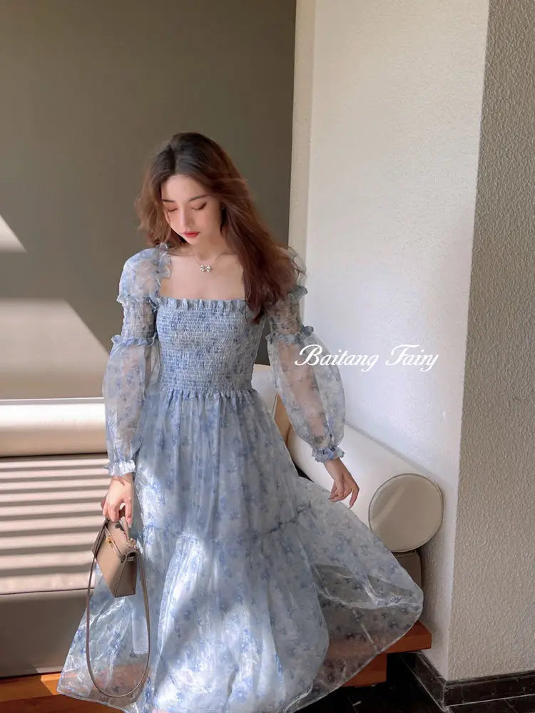 The Amelie Mesh Puff Sleeve Midi | Square Collar Patchwork Dress | Sweet Parisian A-Line | Parisian Princess