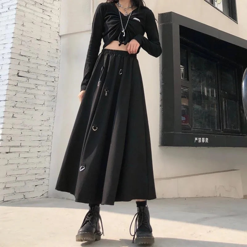 The Gothica Architectural Skirt | Plus Size Irregular Gothic Pleated Midi | French Buckle High Waist Skirt | Parisian Princess