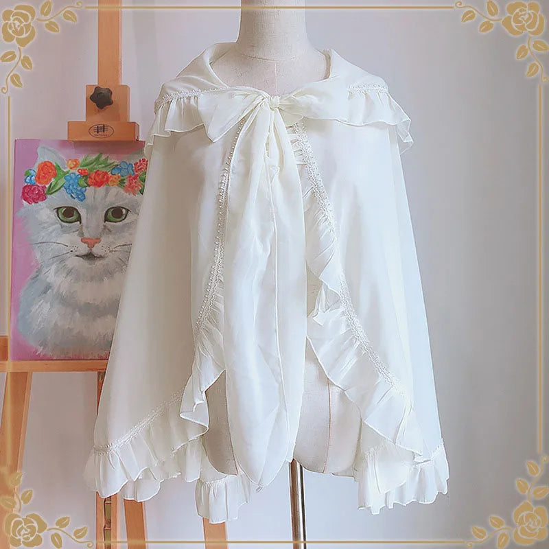 Lolita Chiffon Open Front Wraps Poncho Soft Coat Capes Girls Sweet Hood Covers Sweet Ruffle Shawl Cape Sun Protective For Women