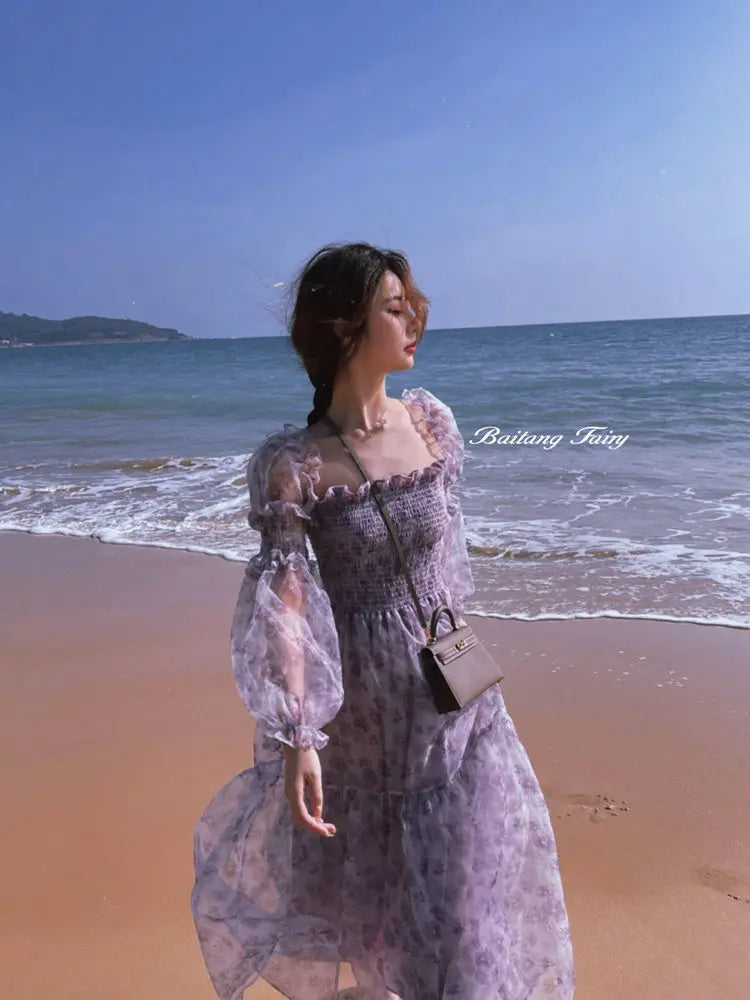 The Amelie Mesh Puff Sleeve Midi | Square Collar Patchwork Dress | Sweet Parisian A-Line | Parisian Princess