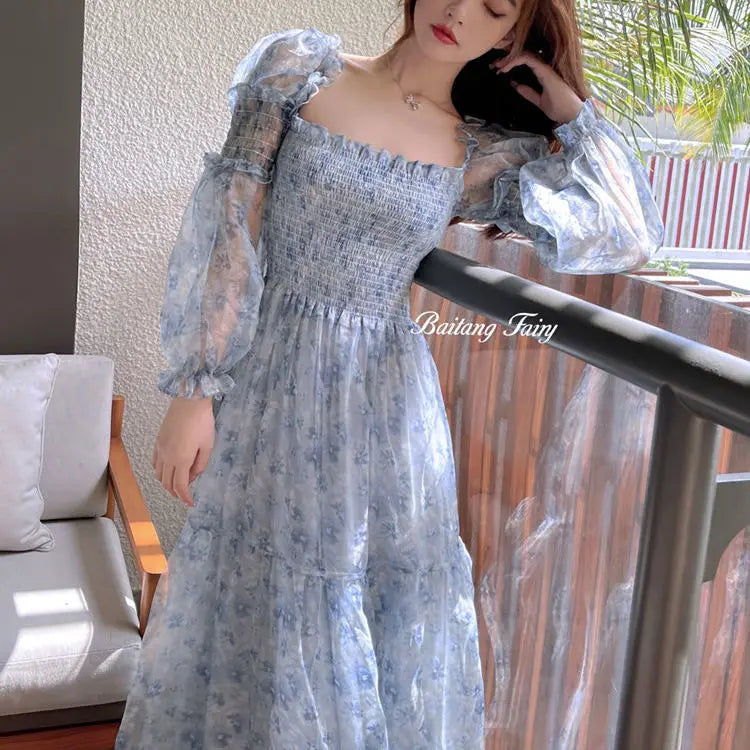 The Amelie Mesh Puff Sleeve Midi | Square Collar Patchwork Dress | Sweet Parisian A-Line | Parisian Princess
