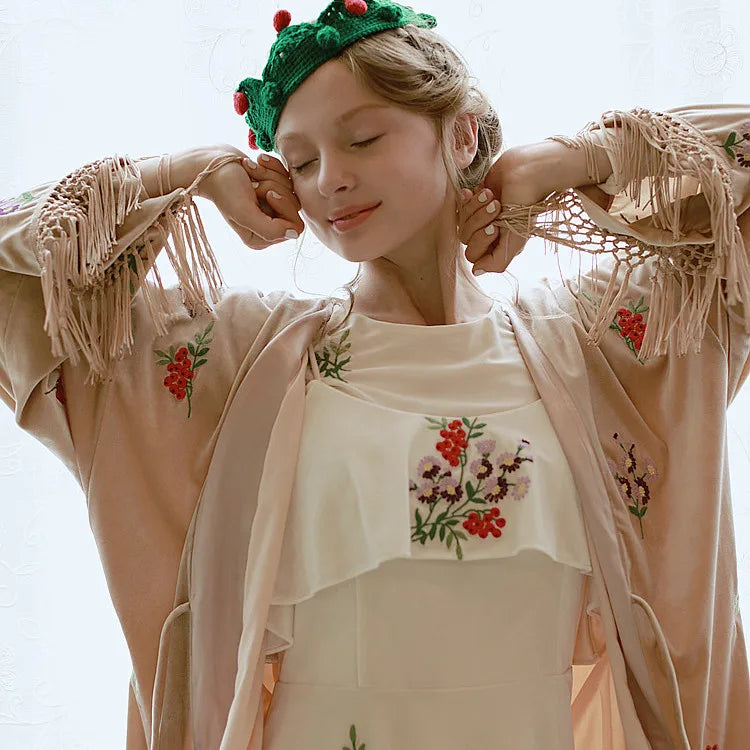 The Botanical Velour Robe | Embroidered Flowers & Fruits Trench | French Camel Tassel Duster | Parisian Princess