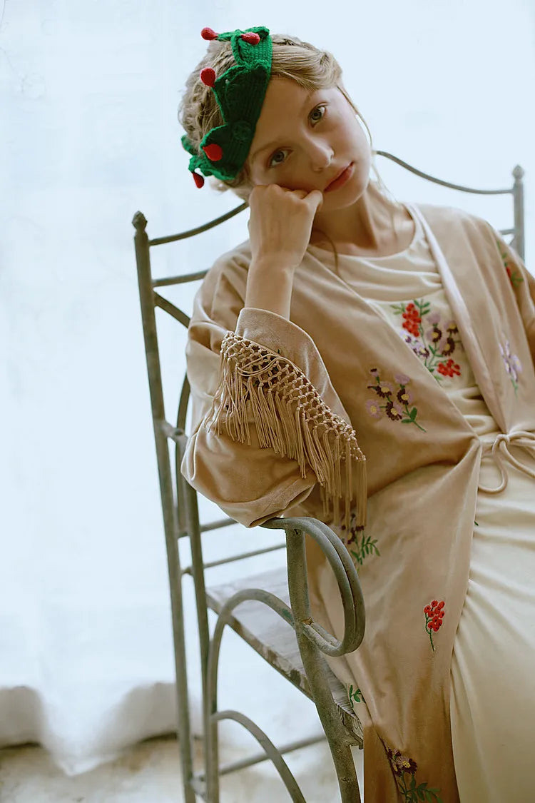 The Botanical Velour Robe | Embroidered Flowers & Fruits Trench | French Camel Tassel Duster | Parisian Princess