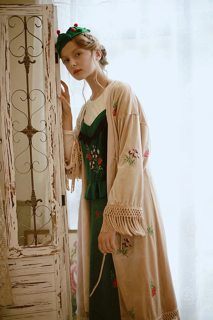 The Botanical Velour Robe | Embroidered Flowers & Fruits Trench | French Camel Tassel Duster | Parisian Princess