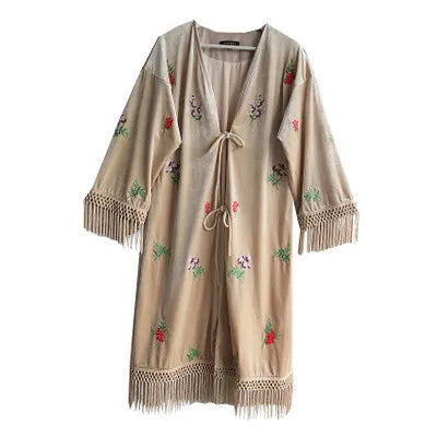 The Botanical Velour Robe | Embroidered Flowers & Fruits Trench | French Camel Tassel Duster | Parisian Princess