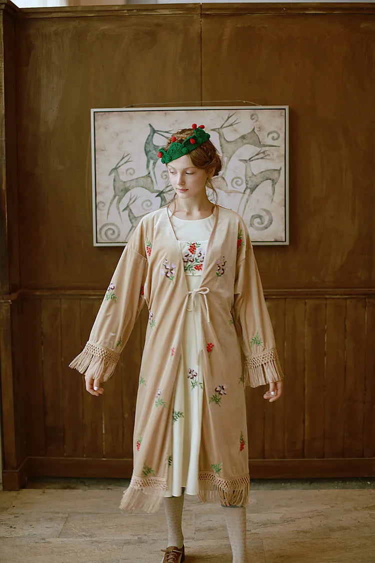 The Botanical Velour Robe | Embroidered Flowers & Fruits Trench | French Camel Tassel Duster | Parisian Princess