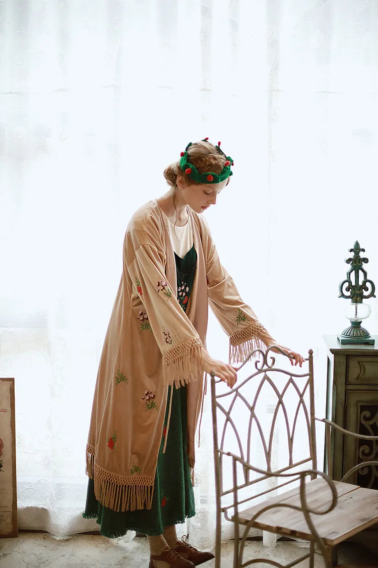 The Botanical Velour Robe | Embroidered Flowers & Fruits Trench | French Camel Tassel Duster | Parisian Princess