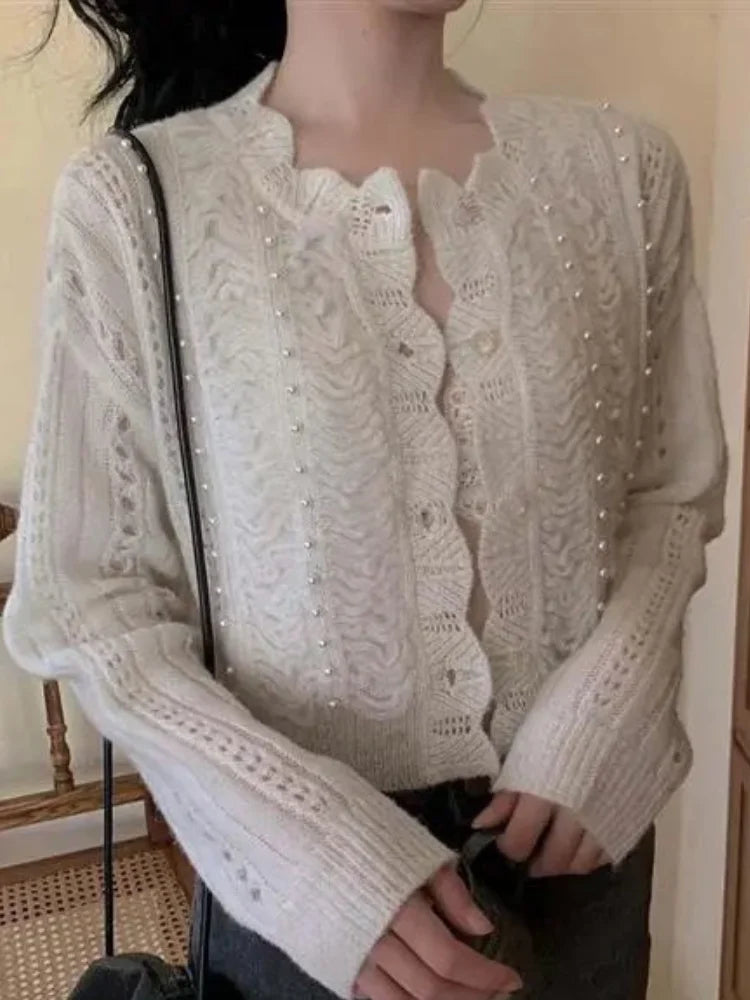 The Louvre Hollow-Out Cardigan | French White Tatting Lace Sweater | Slim Fit O-Neck Leisure Knit | Parisian Princess