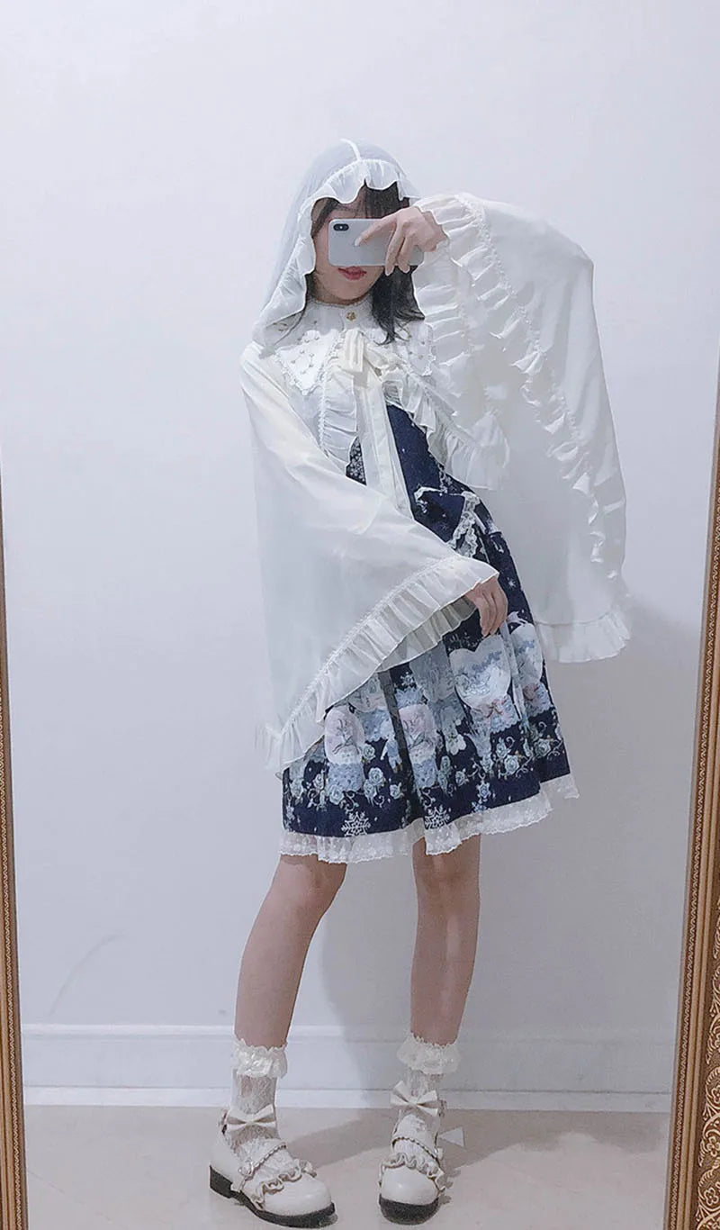 Lolita Chiffon Open Front Wraps Poncho Soft Coat Capes Girls Sweet Hood Covers Sweet Ruffle Shawl Cape Sun Protective For Women