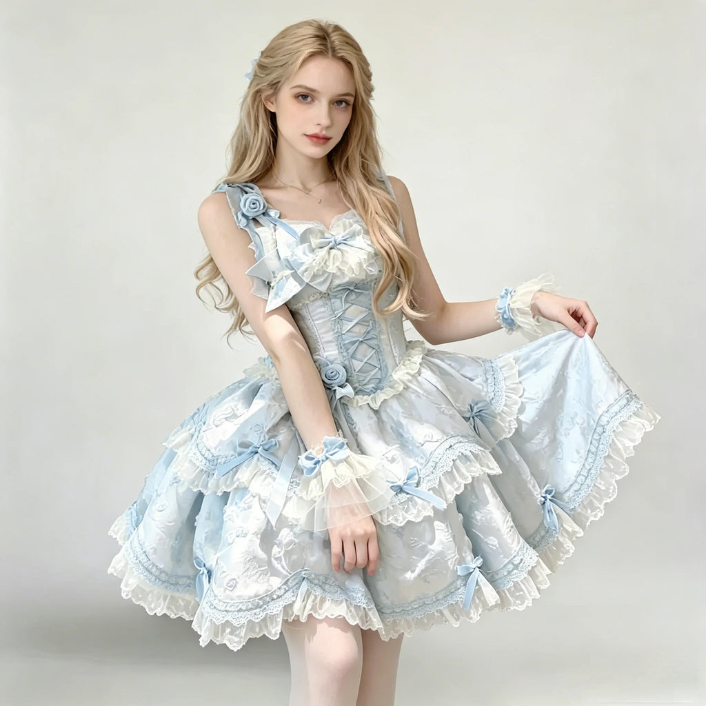 The Floral Prelude Ballet Gown | Strappy Pink Cake Princess Dress | Lolita Birthday Ceremony Skirt | Parisian Princess