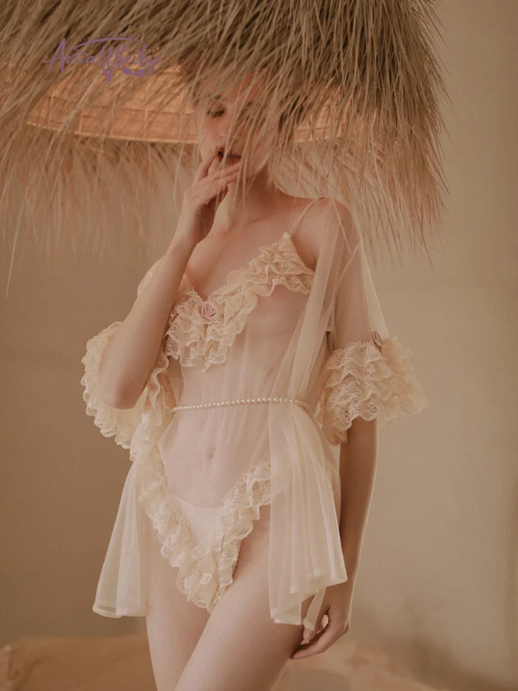 The Aurelia Fairy Sleepwear Set | Parisian Mesh Lingerie Robe | French Lolita Ruffle Nightgown | Pale Yellow Luxury Boudoir Manteau