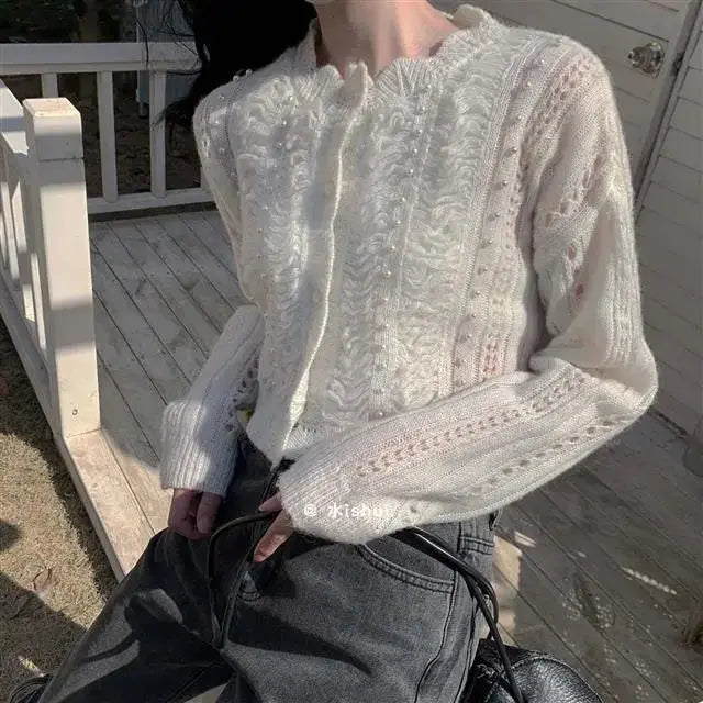 The Louvre Hollow-Out Cardigan | French White Tatting Lace Sweater | Slim Fit O-Neck Leisure Knit | Parisian Princess