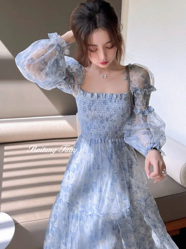 The Amelie Mesh Puff Sleeve Midi | Square Collar Patchwork Dress | Sweet Parisian A-Line | Parisian Princess