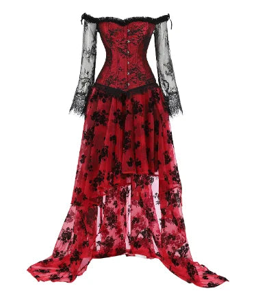 Women's Vintage Steampunk Corset Dress Victorian Retro Gothic Corset Top Burlesque Lace Corset and Bustiers Skirts Set