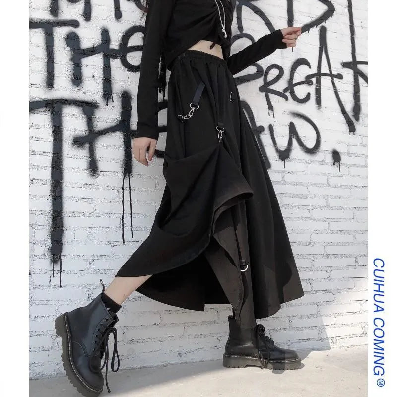 The Gothica Architectural Skirt | Plus Size Irregular Gothic Pleated Midi | French Buckle High Waist Skirt | Parisian Princess