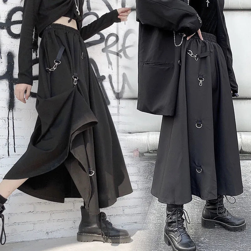 The Gothica Architectural Skirt | Plus Size Irregular Gothic Pleated Midi | French Buckle High Waist Skirt | Parisian Princess