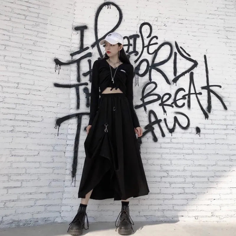 The Gothica Architectural Skirt | Plus Size Irregular Gothic Pleated Midi | French Buckle High Waist Skirt | Parisian Princess