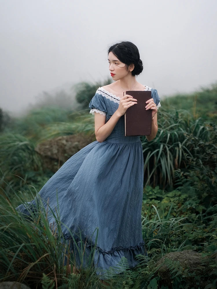 Women Pink Dress French Vintage Elegant Slim European Romance Blue Dress Retro Lace Slash Neck Casual Everyday Midi Dress