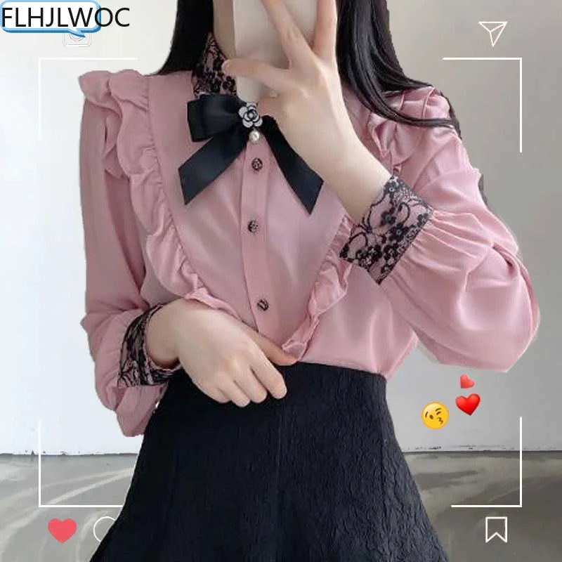 The Parisian Ribbon Bow Blouse | Vintage Preppy Chiffon Shirt | Ruffled Long Sleeve Button-Up | Parisian Princess