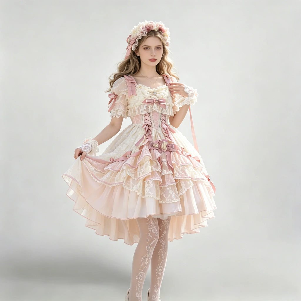 The Floral Prelude Ballet Ball Gown | Strappy Pink Cake Princess Dress | Lolita Birthday Ceremony Skirt | Parisian Princess