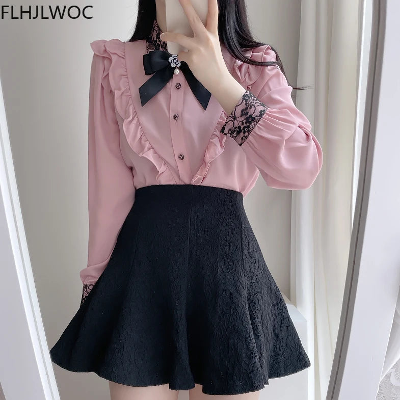 The Parisian Ribbon Bow Blouse | Vintage Preppy Chiffon Shirt | Ruffled Long Sleeve Button-Up | Parisian Princess