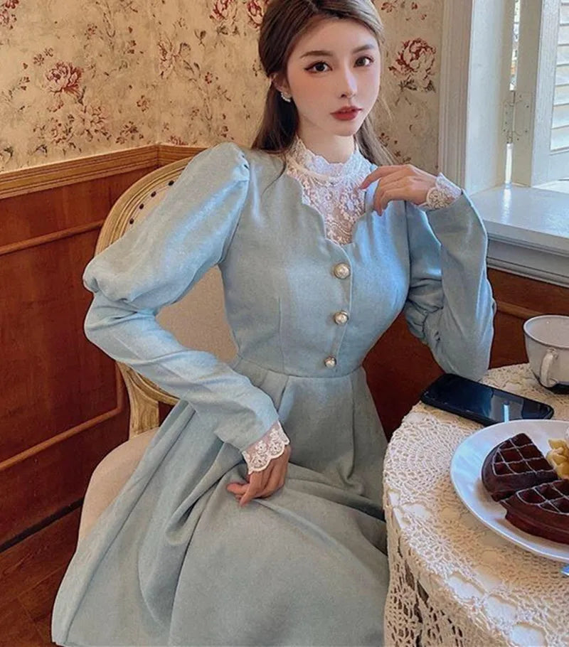 Elegant Woman Blue Dress Vintage French Style Puff Sleeve Half High Collar Patchwork Lace Retro Princess Dresses Vestido Festa