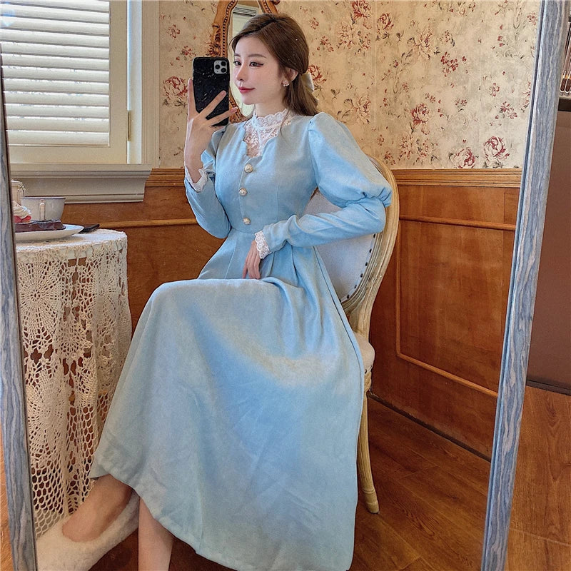 Elegant Woman Blue Dress Vintage French Style Puff Sleeve Half High Collar Patchwork Lace Retro Princess Dresses Vestido Festa