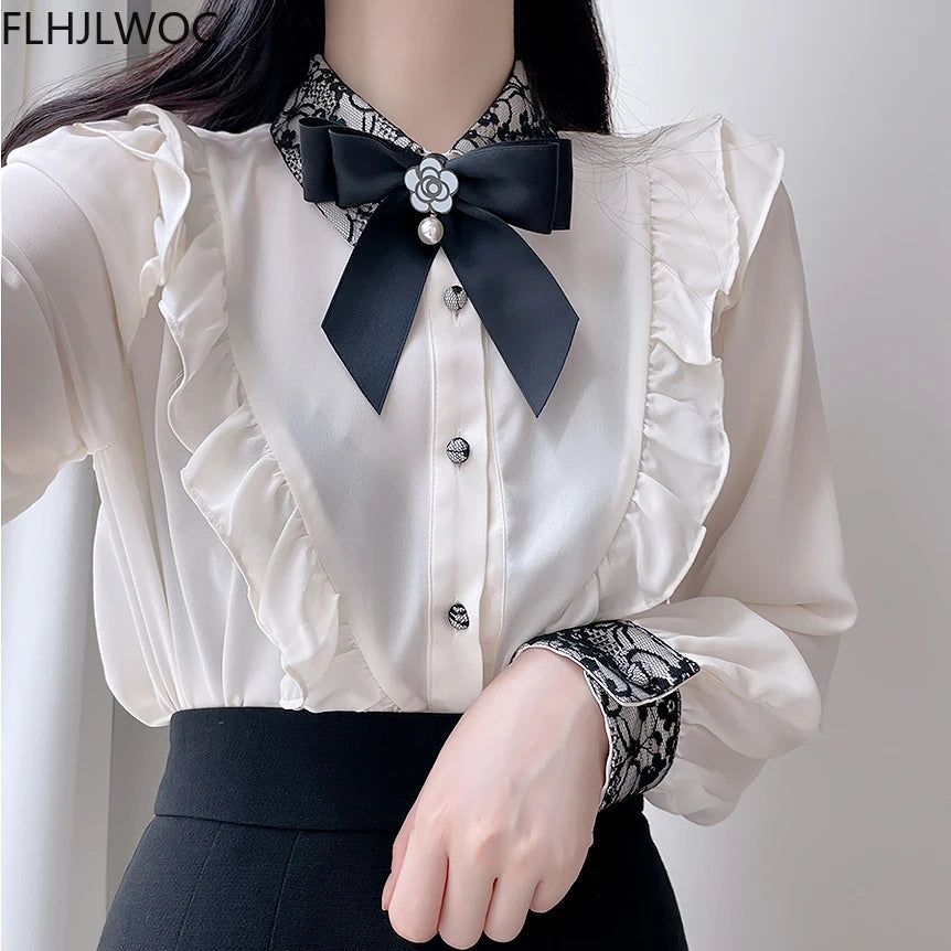 The Parisian Ribbon Bow Blouse | Vintage Preppy Chiffon Shirt | Ruffled Long Sleeve Button-Up | Parisian Princess