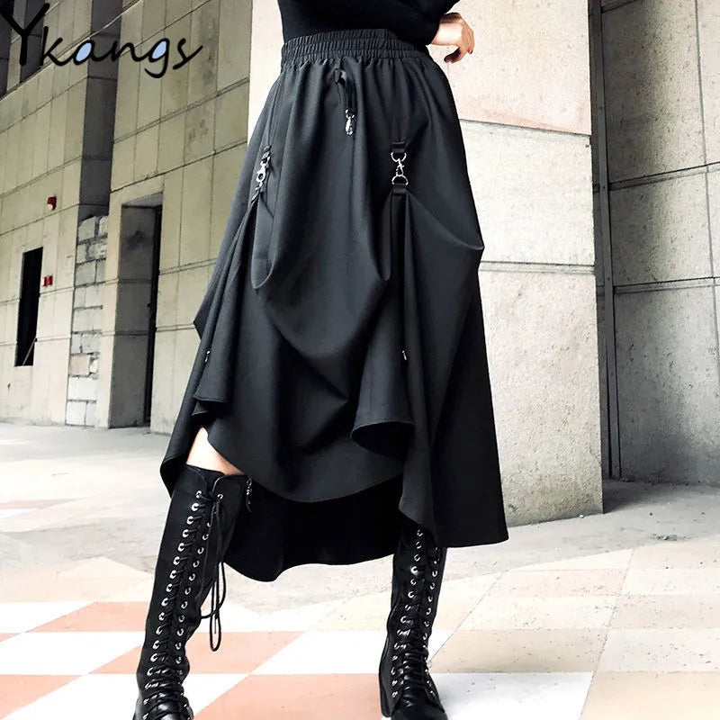 The Gothica Architectural Skirt | Plus Size Irregular Gothic Pleated Midi | French Buckle High Waist Skirt | Parisian Princess