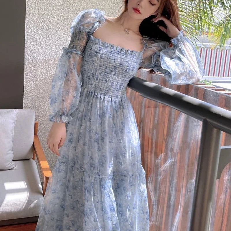 The Amelie Mesh Puff Sleeve Midi | Square Collar Patchwork Dress | Sweet Parisian A-Line | Parisian Princess
