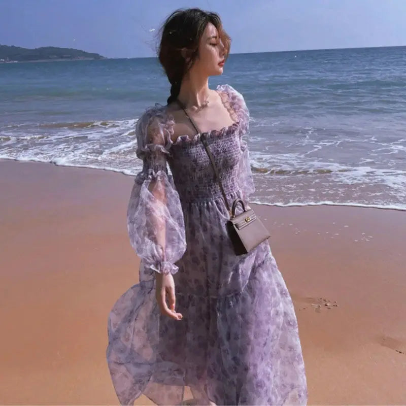 The Amelie Mesh Puff Sleeve Midi | Square Collar Patchwork Dress | Sweet Parisian A-Line | Parisian Princess