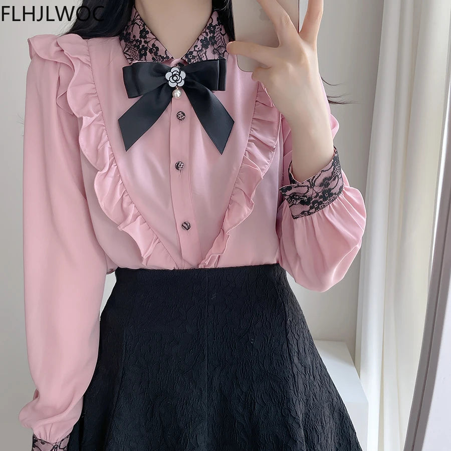 The Parisian Ribbon Bow Blouse | Vintage Preppy Chiffon Shirt | Ruffled Long Sleeve Button-Up | Parisian Princess