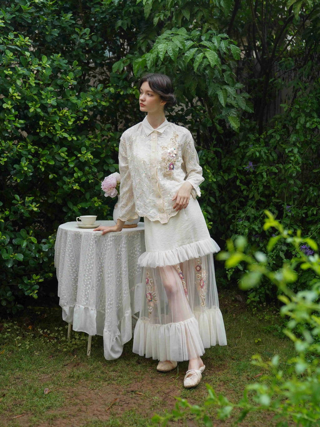 The Aurelia Beaded Gauze Skirt | Hand-Stitched Apricot Maxi | French Flounce Skirt with Ear Fringe | Parisian Princess