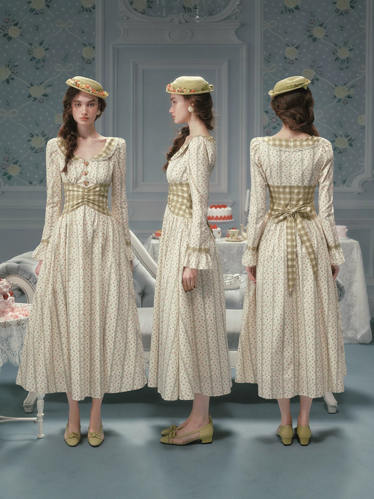 The Cotton Trianon Plaid Patchwork Maxi | 100% Cotton Long Sleeve Gown | Parisian Prairie Dress | Parisian Princess