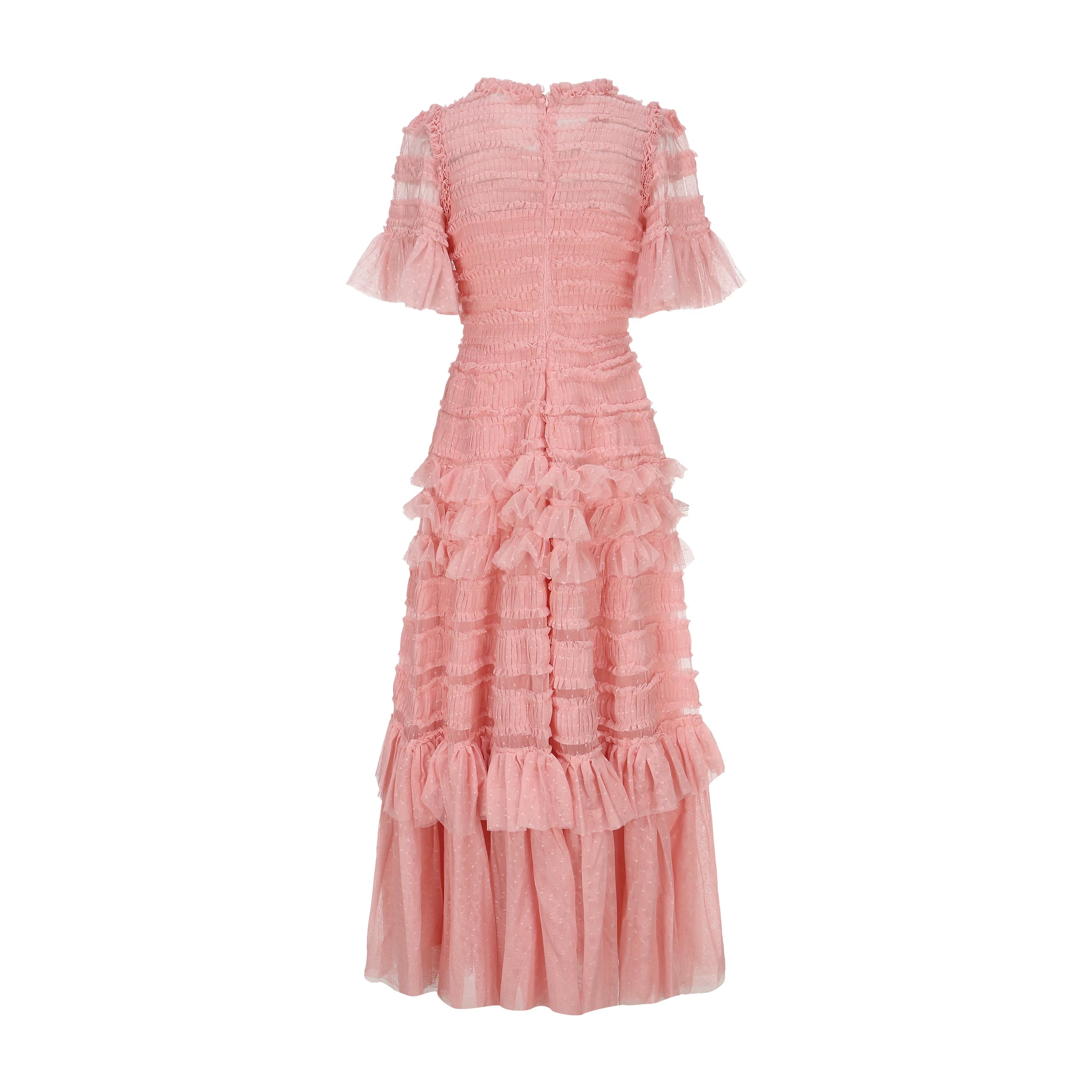 The Candy-Pink Promenade Gown | Hand-Embroidered Tiered Ballgown | Spring Mesh Cake Dress | Parisian Princess