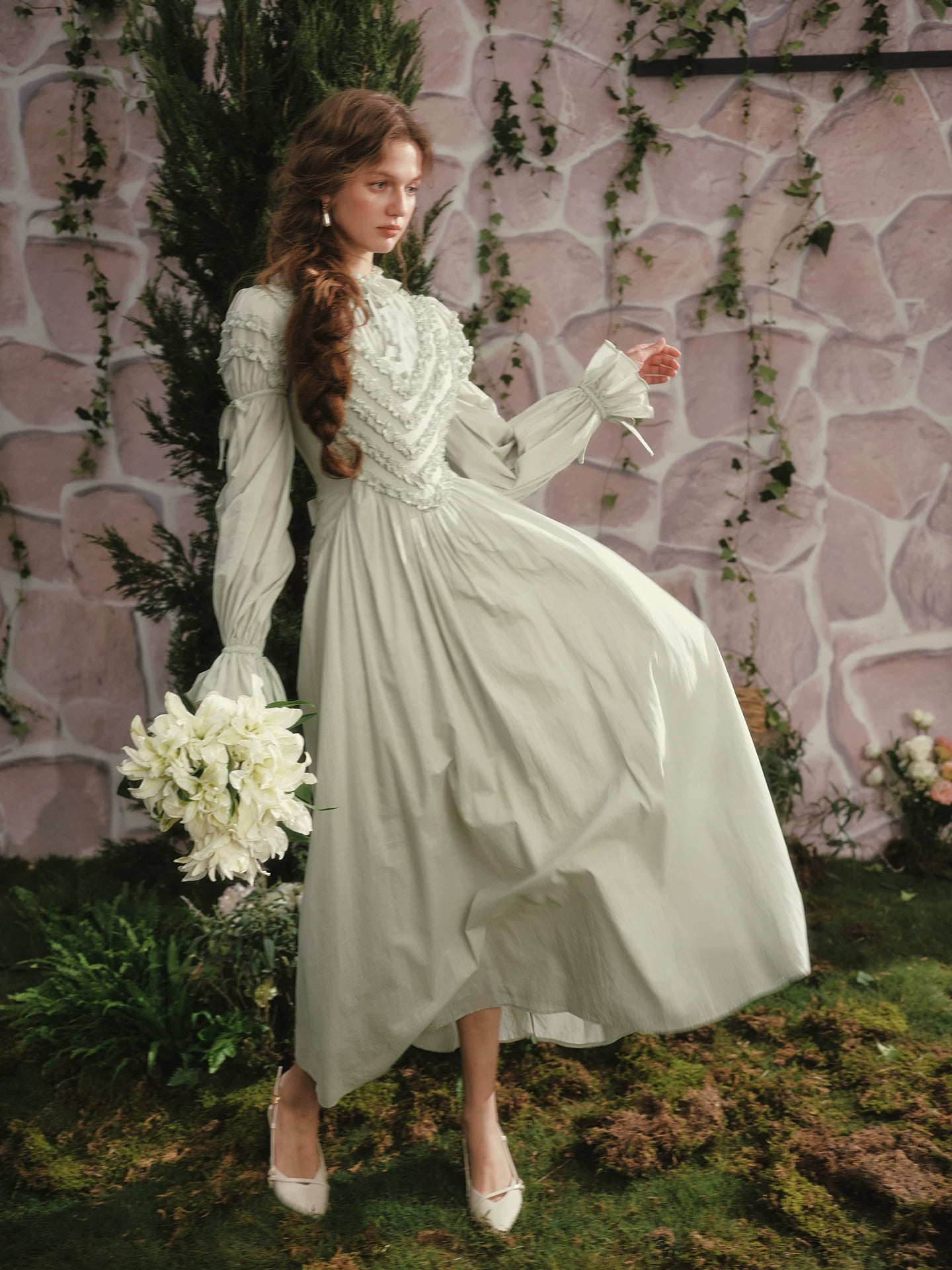 Parisian Princess French Dress Full Lantern Sleeve Long Maxi Ladies XS-XL Vintage High Waist 100% Cotton Lace Up 2025 New