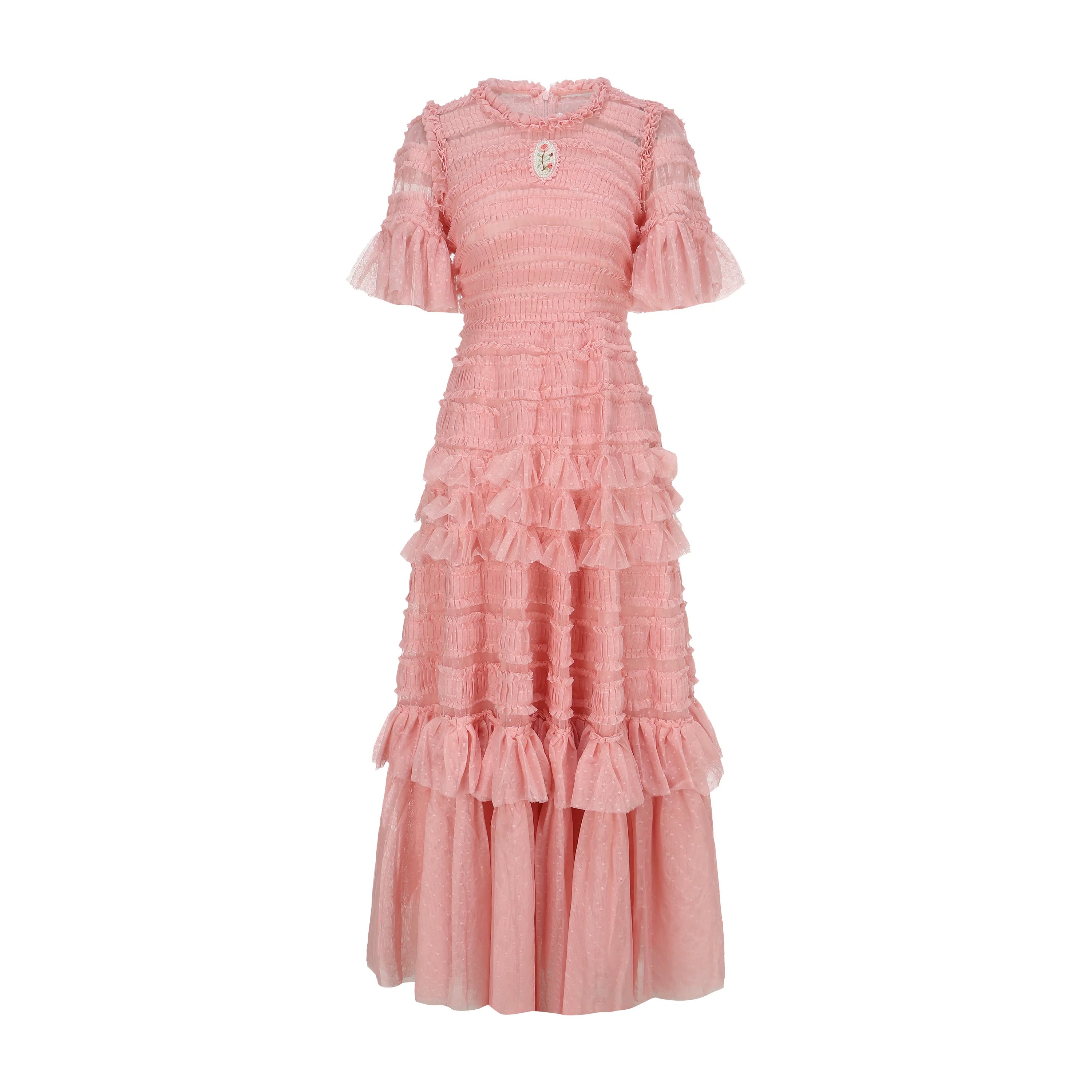 The Candy-Pink Promenade Gown | Hand-Embroidered Tiered Ballgown | Spring Mesh Cake Dress | Parisian Princess