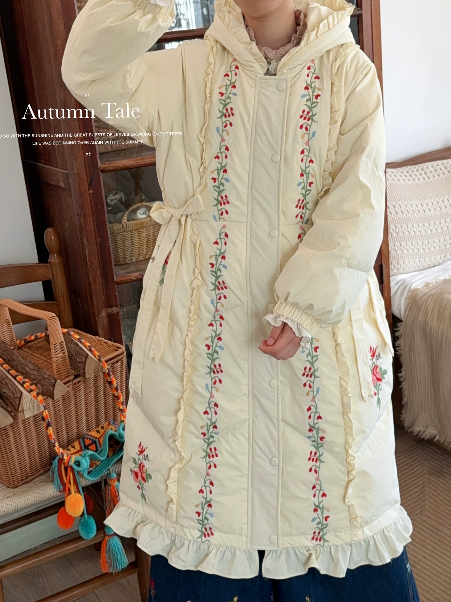 Parisian Women Full Sleeve Long Mid-Calf Thick Outerwear Hoode Zipper Down Jacket Embroidery Warm Coats Japanese Style