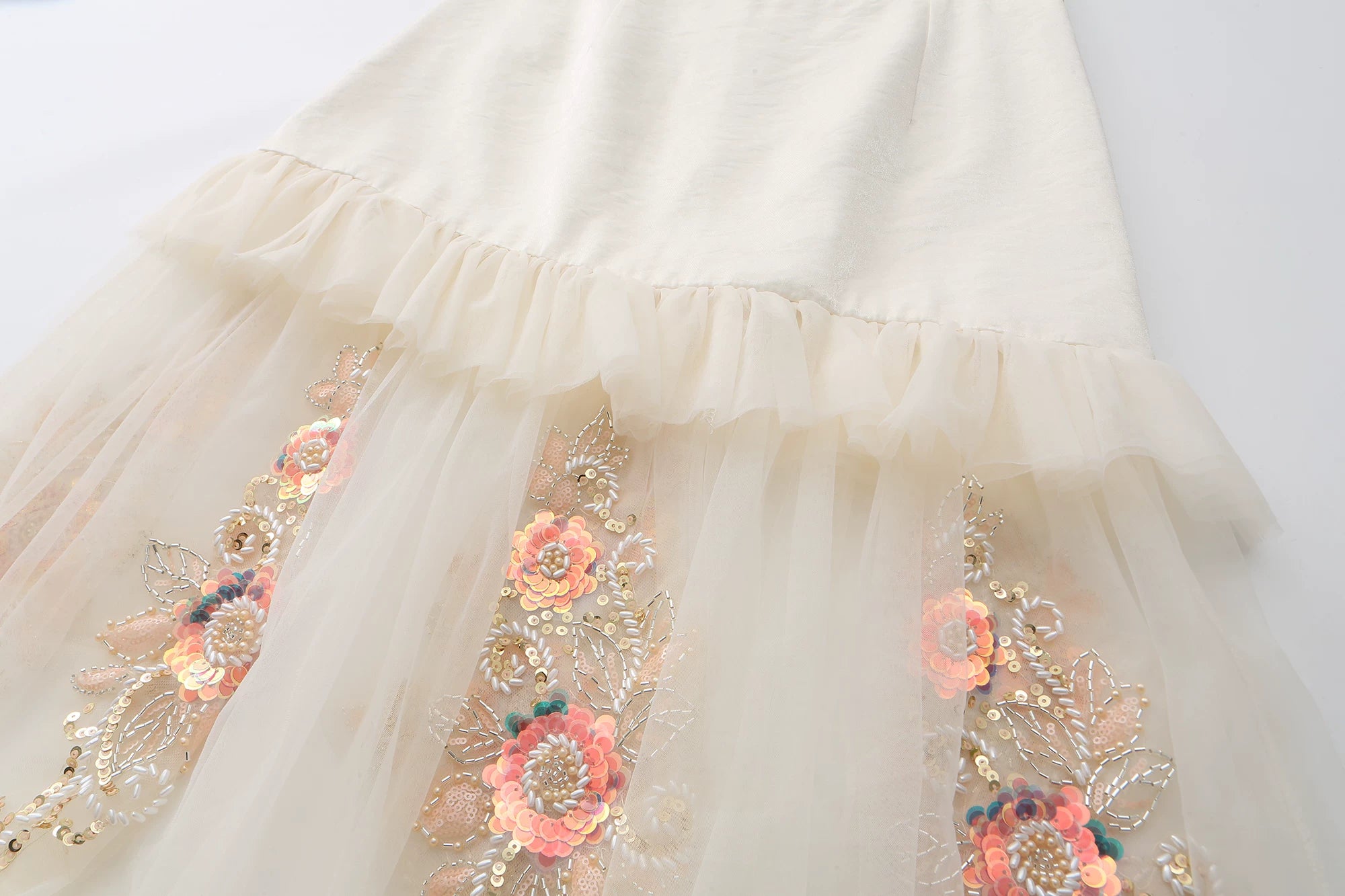 The Aurelia Beaded Gauze Skirt | Hand-Stitched Apricot Maxi | French Flounce Skirt with Ear Fringe | Parisian Princess