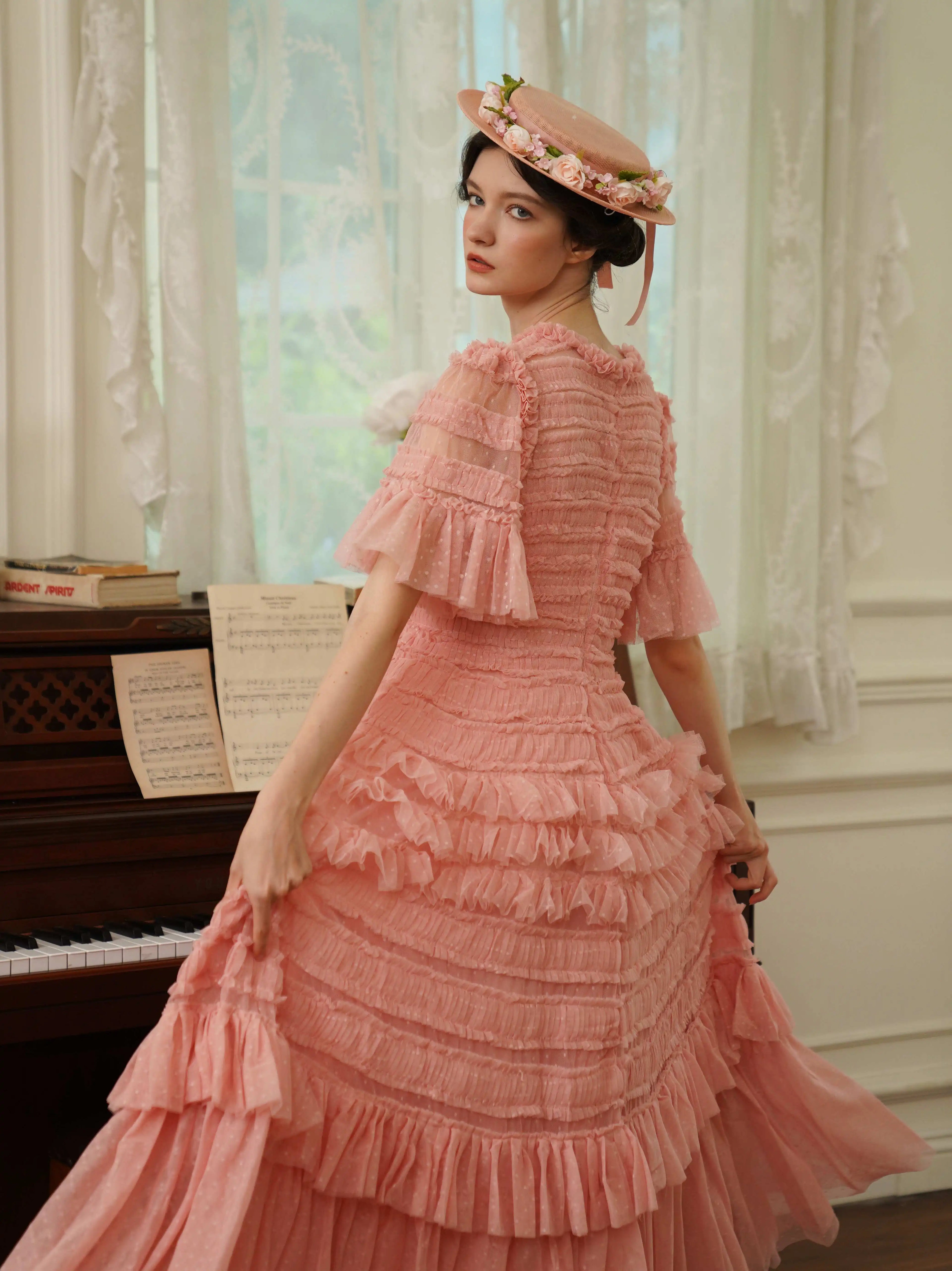 The Candy-Pink Promenade Gown | Hand-Embroidered Tiered Ballgown | Spring Mesh Cake Dress | Parisian Princess
