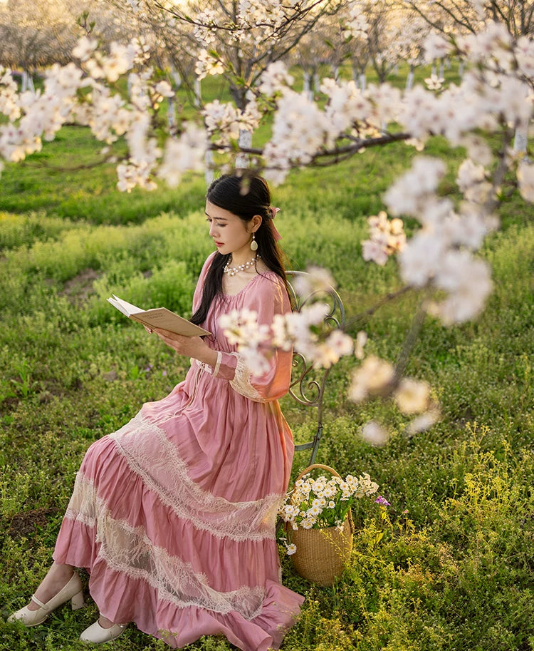 Parisian Long Maxi Women Ladies Dress Full Lantern Sleeve Pink Lace Patchwork 2025 New S-XL Spring Autumn Summer Square Collar