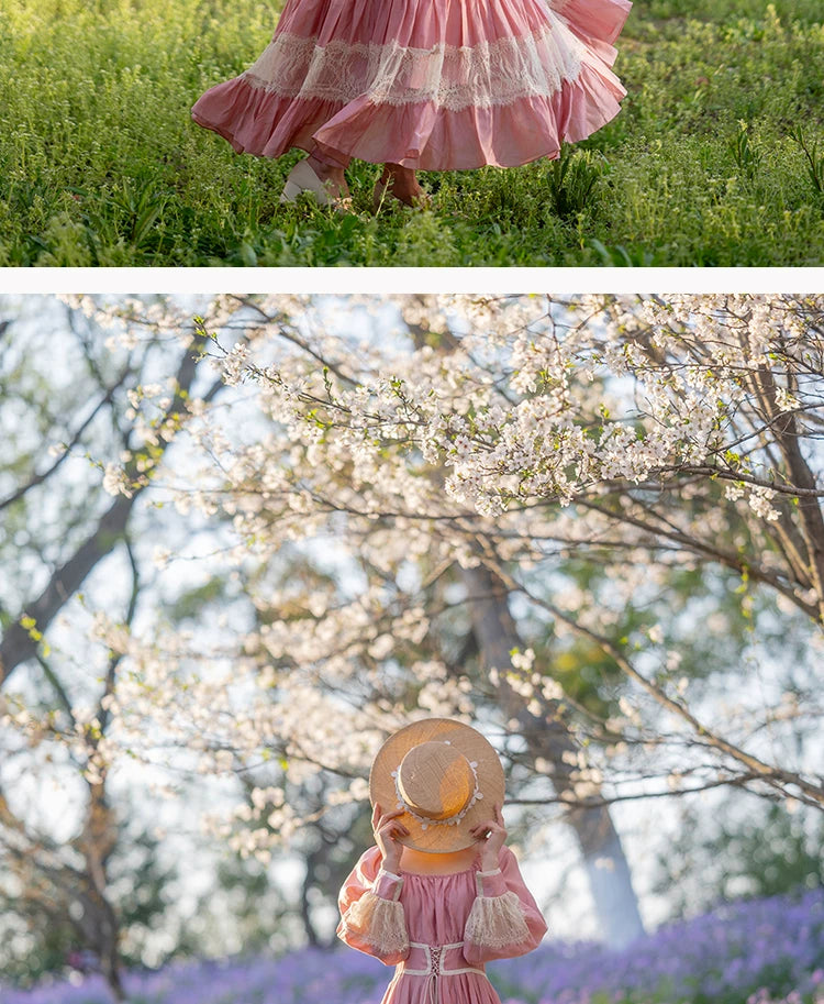 Parisian Long Maxi Women Ladies Dress Full Lantern Sleeve Pink Lace Patchwork 2025 New S-XL Spring Autumn Summer Square Collar