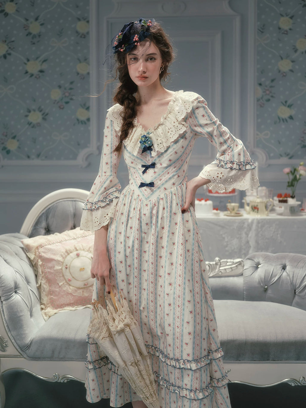 Parisian Cotton Lace Trimmed Women Dress Three Quarter Flare Sleeve Long Maxi Ladies V-Neck XS-XL Vintage High Waist Printed 2026