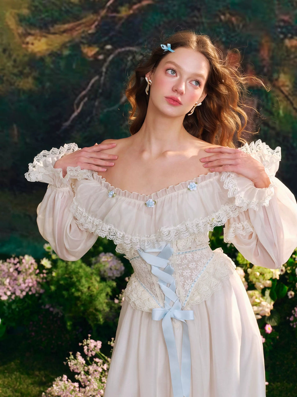 French Countryside Dress Full Lantern Sleeve Long Maxi Ladies XS-XL Vintage High Waist Lace Slash Neck White Lace Up 2025