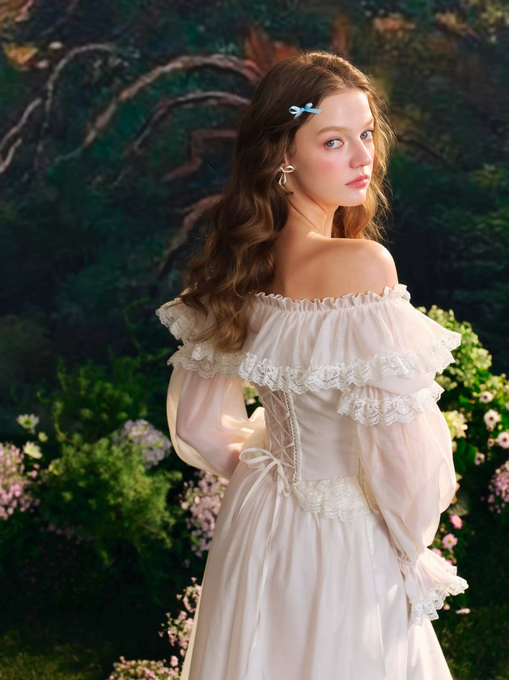 French Countryside Dress Full Lantern Sleeve Long Maxi Ladies XS-XL Vintage High Waist Lace Slash Neck White Lace Up 2025