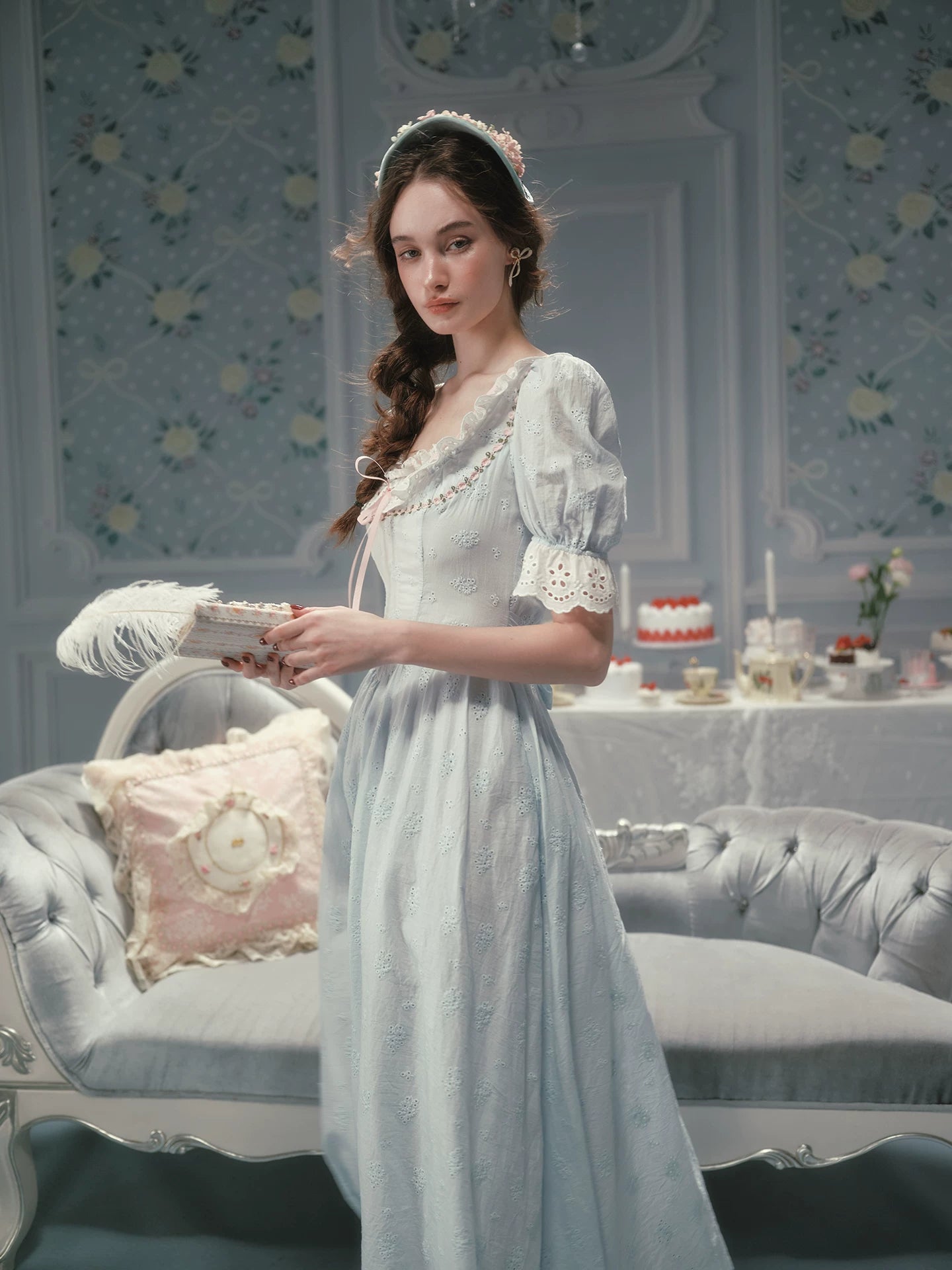The La Croix Blue Lace Gown | Cotton Brocade Puff Sleeve Dress | Vintage Square Collar Midi | Parisian Princess
