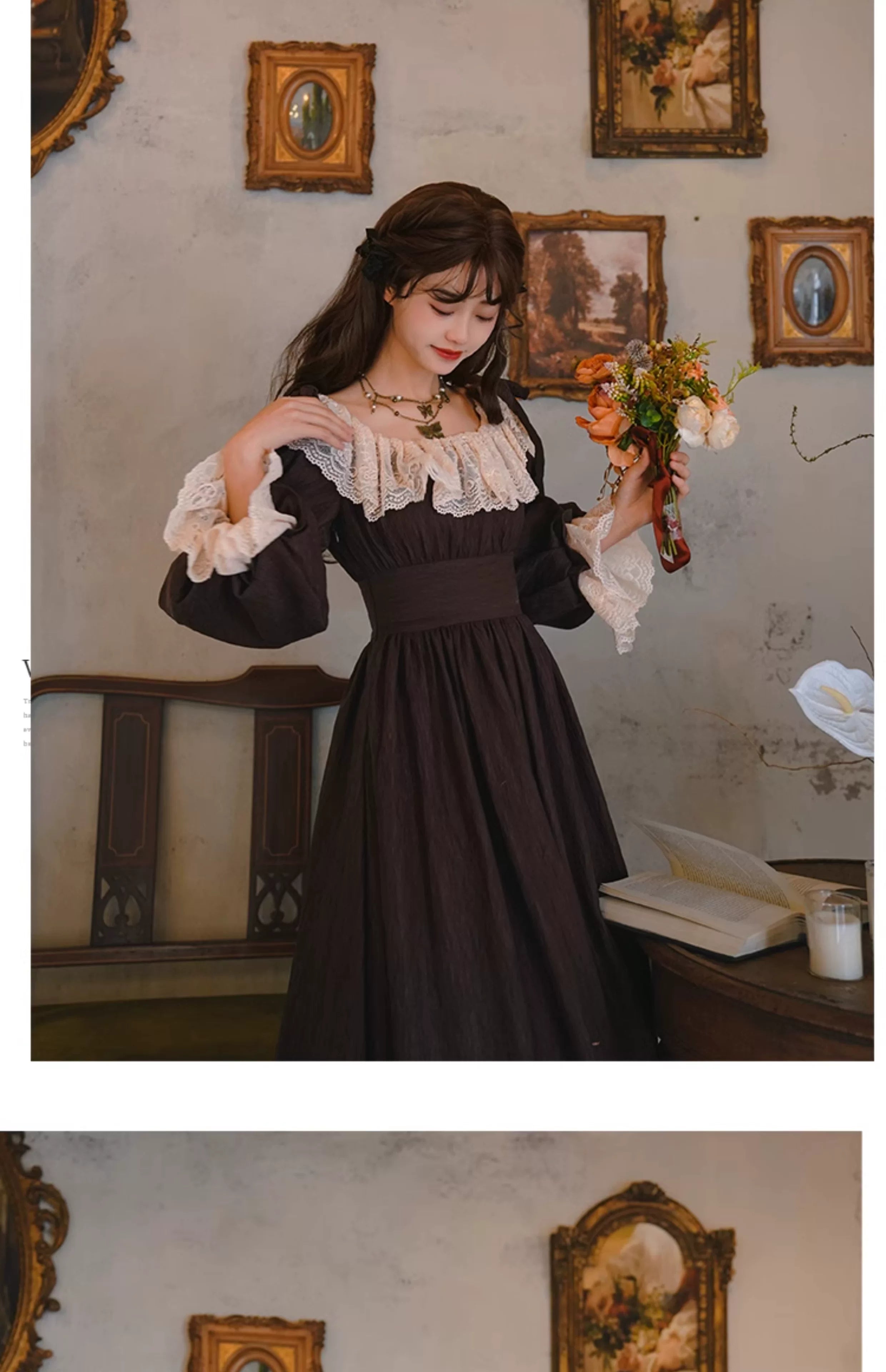 Parisian Women French Court Retro Lace Corset Puff Sleeve Jacquard Texture Dress