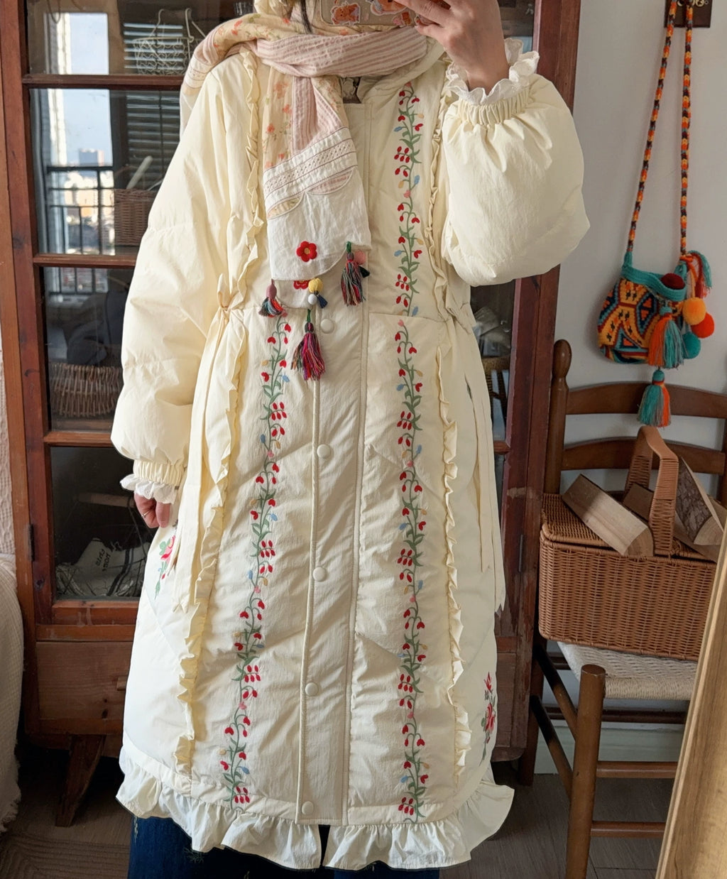 Parisian Women Full Sleeve Long Mid-Calf Thick Outerwear Hoode Zipper Down Jacket Embroidery Warm Coats Japanese Style