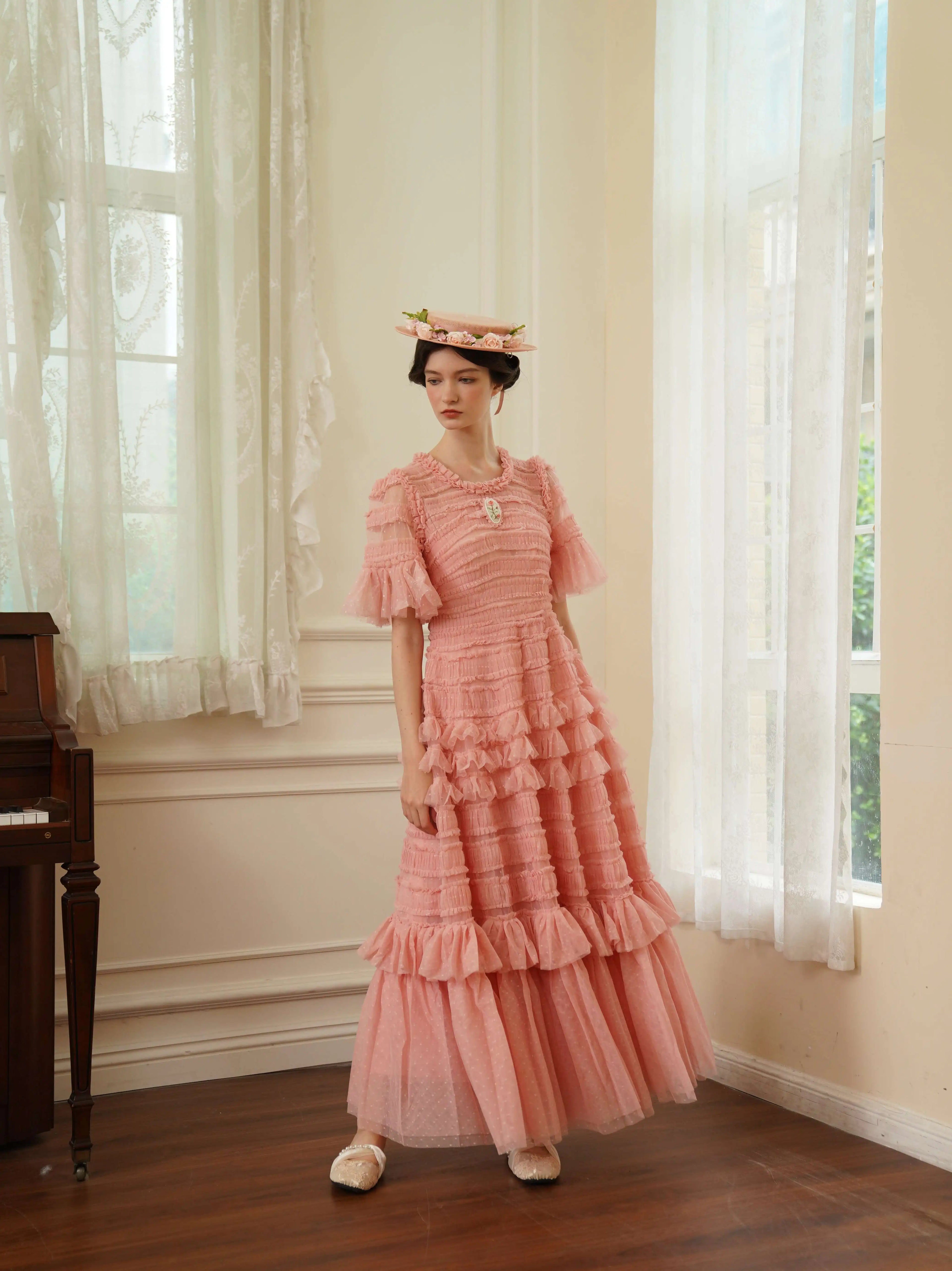 The Candy-Pink Promenade Gown | Hand-Embroidered Tiered Ballgown | Spring Mesh Cake Dress | Parisian Princess